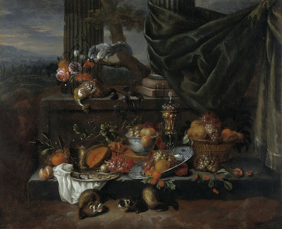₴ Репродукция натюрморт известного художника "Натюрморт с фруктами, попугаем и хорьками"