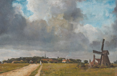 ₴ Репродукция пейзаж "Пейзаж с деревней и мельницей"