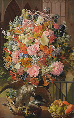 ₴ Репродукция натюрморт "Цветочный натюрморт с соколом"