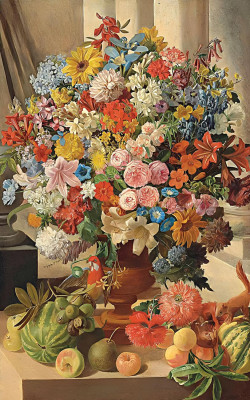 ₴ Репродукция натюрморт "Цветочный натюрморт с попугаем и белкой"