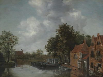 ₴ Репродукция пейзаж известного художника "Вид на канал в голландской деревне с баржами, пришвартованными на набережной возле домов"