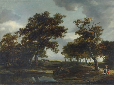 ₴ Репродукция пейзаж известного художника "Лесной речной пейзаж с фигурами на тропинке"