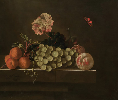 ₴ Репродукция натюрморт известного художника "Натюрморт с бабочкой и абрикосами, виноградом, гранатом и персиком на антаблементе"
