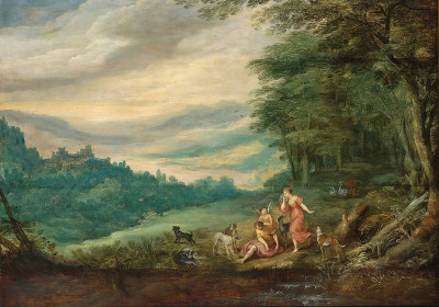 ₴ Репродукция бытовой жанр "Венера оплакивающая Адониса в панорамном лесном пейзаже"