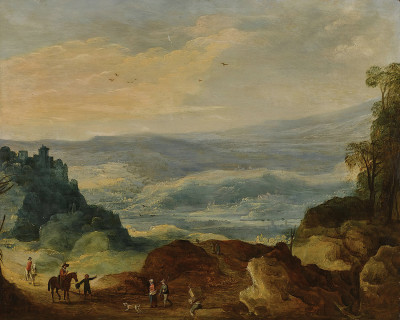 ₴ Репродукция пейзаж "Обширный речной пейзаж с крестьянами и всадниками на переднем плане"