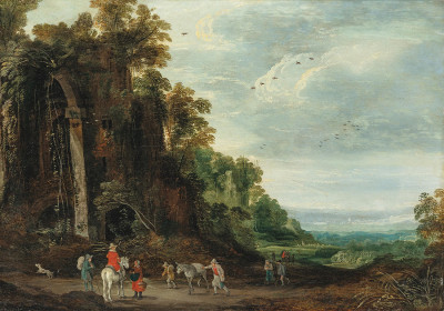 ₴ Репродукция пейзаж "Лесной пейзаж с всадником, беседующим с крестьянами возле заросшего замка"