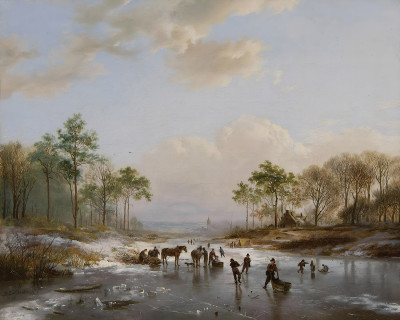 ₴ Репродукция пейзаж известного художника "Конькобежцы и сборщики дров на замерзшей реке"