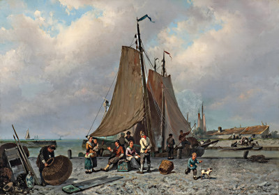 ⚓Репродукция морской пейзаж "Активность у берега"