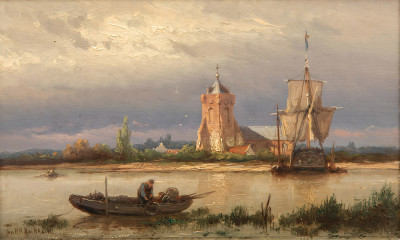 ⚓Репродукция морской пейзаж "Парусник, пришвартованный возле деревни"