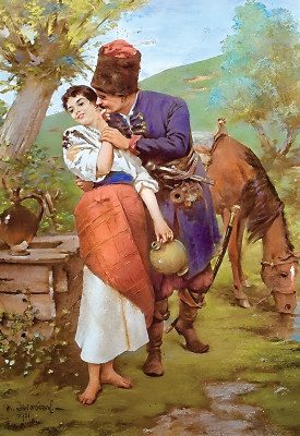 ₴ Репродукція побутовий жанр "Козак з дівчиною біля криниці"