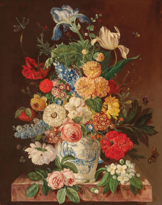 ₴ Репродукция цветочный натюрморт "Большой букет цветов со стрекозой и бабочками"