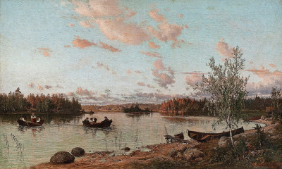 ₴ Репродукция пейзаж "Берег реки на закате"