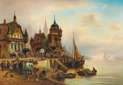 ₴ Репродукция бытовой жанр "Оживленная сцена в гавани"