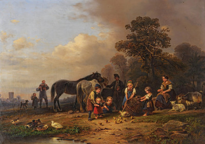 ₴ Репродукция бытовой жанр "Фермерская семья с корзиной молодых цыплят"