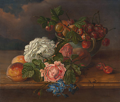 ₴ Репродукция цветочный натюрморт "Цветы и фрукты"