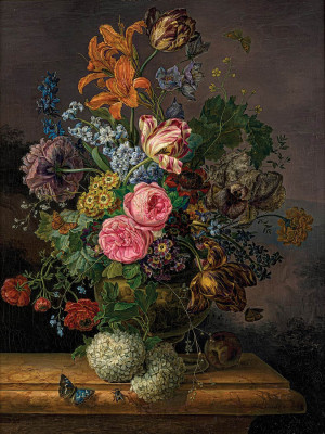 ₴ Репродукция цветочный натюрморт "Ваза з квітами і метелик на виступі"