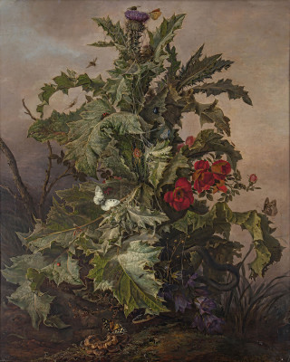 ₴ Репродукция цветочный натюрморт "Натюрморт с чертополохом, бабочками, пауками, змеями и разными видами насекомых"