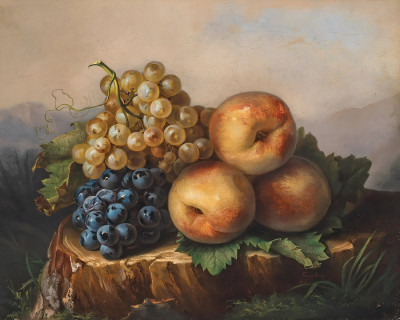 ₴ Репродукция цветочный натюрморт "Натюрморт с персиками и виноградом"