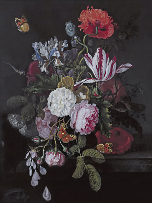 ₴ Репродукция цветочный натюрморт "Натюрморт с пионами, розами, ирисами, маками и тюльпаном, бабочками, стрекозой и другими насекомыми на выступлении"