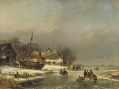 ₴ Репродукция пейзаж "Фигуры на льду возле причала"