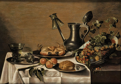 ₴ Репродукция натюрморт "Натюрморт с фруктами, морепродуктами, бокалами и кофейником"