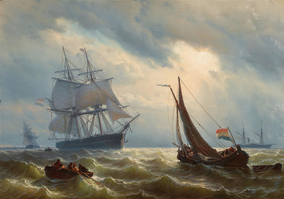 ⚓Репродукция морской пейзаж "Грузовые суда у побережья"