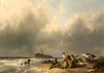 ⚓Репродукция морской пейзаж "Фигуры на пляже, обломки корабля в волнах"