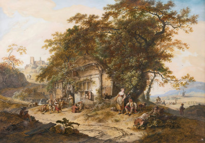 ₴ Репродукция пейзаж "Обширный пейзаж с крестьянами, отдыхающими перед таверной, другими, собирающими урожай вдали, и церковью на холме"