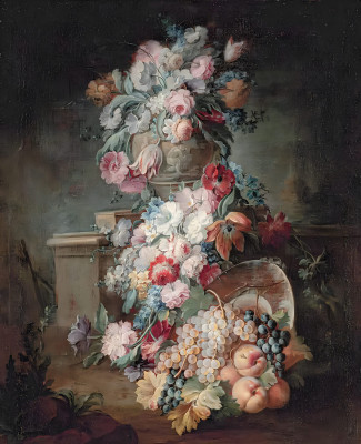 ₴ Репродукция цветочный натюрморт известного художника "Розы, березки, маки и другие цветы в серебряном весе рядом со скульптурной урной на каменном выступе, виноград и персики в плетеной корзине и инжир в пейзаже"
