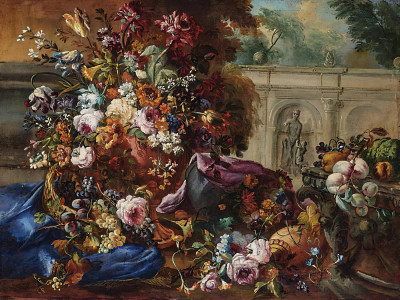 ₴ Репродукция цветочный натюрморт известного художника "Натюрморт с цветами и фруктами перед классическим портиком"