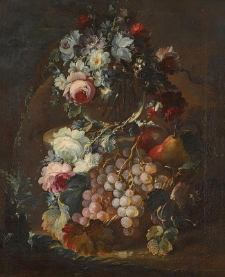 ₴ Репродукция цветочный натюрморт известного художника "Натюрморт с цветами в стеклянной вазе, виноградом и грушами"