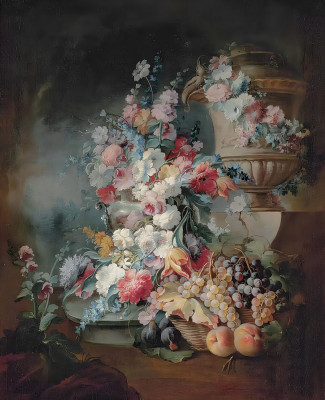₴ Репродукция цветочный натюрморт известного художника "Тюльпаны, розы, маки, березки и другие цветы в скульптурной урне на каменном выступе, виноград и персики на медной тарелке в пейзаже"