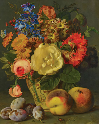 ₴ Репродукция цветочный натюрморт "Натюрморт с букетом цветов и фруктов"