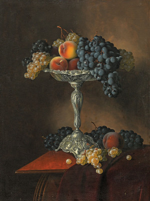 ₴ Репродукция натюрморт "Натюрморт с персиками и виноградом в серебряной чаше"