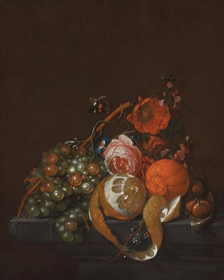 ₴ Репродукция натюрморт известного художника "Натюрморт с цветами, лимоном, мандарином и другими фруктами"