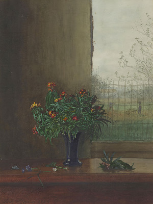 ₴ Репродукция цветочный натюрморт "Букет левкоев у окна"