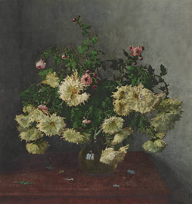 ₴ Репродукция цветочный натюрморт "Букет белых хризантем и ромашек ко Дню Святого Михайла"