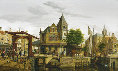 ₴ Репродукция городской пейзаж "Голландский город вдоль канала"