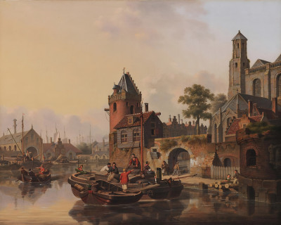 ₴ Репродукция городской пейзаж "Лодки у каменного входа в голландский город"