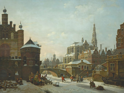 ₴ Репродукция городской пейзаж "Каприччио с фигурами на замерзшем канале"