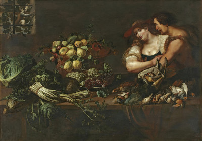 ₴ Репродукция натюрморт "Кухонный натюрморт с фигурами"