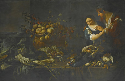 ₴ Репродукція натюрморт "Натюрморт з фруктами, овочами і дичиною на столі, з служницею  і слугою, що веселиться"