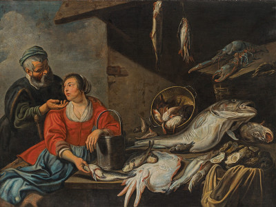 ₴ Репродукція натюрморт "Натюрморт з рибою та парою на ринку"