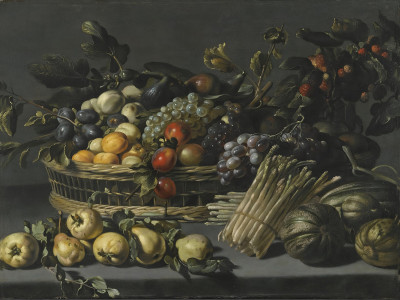 ₴ Репродукція натюрморт "Натюрморт з фруктами, складеними високо в кошику, оточений айвою, динями та спаржею на виступі"