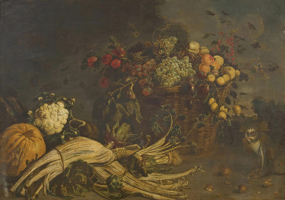 ₴ Репродукція натюрморт "Натюрморт з фруктами у плетеному кошику, овочами та мавпою"