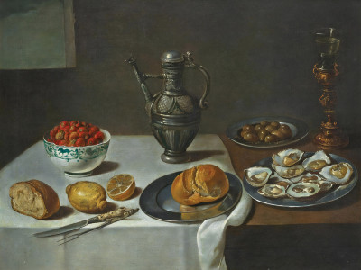 ₴ Репродукція натюрморт "Блюдо з мідіями, буханці хліба, срібний глечик, лимони, порцелянова миска з полуницею на драпірованій стільниці"