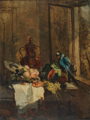 ₴ Репродукция натюрморт "Натюрморт и попугай у открытого окна"