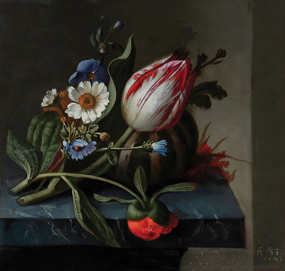 ₴ Репродукция цветочный натюрморт "Натюрморт с тюльпаном и другими цветами с дыней на выступе"