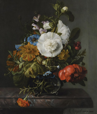 ₴ Репродукция цветочный натюрморт "Цветы в стеклянной вазе на мраморном выступе"