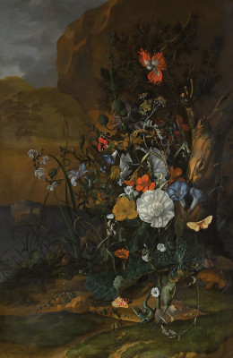 ₴ Репродукция цветочный натюрморт "Натюрморт с цветами, бабочками, насекомыми, ящерицей и жабами у пруда"